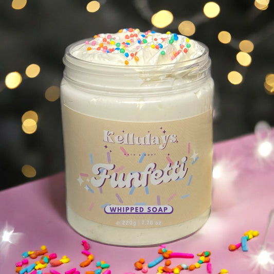 Jar of Kellulays Funfetti Whipped Soap, a luxurious bath whip featuring a white swirl with colourful sprinkles.