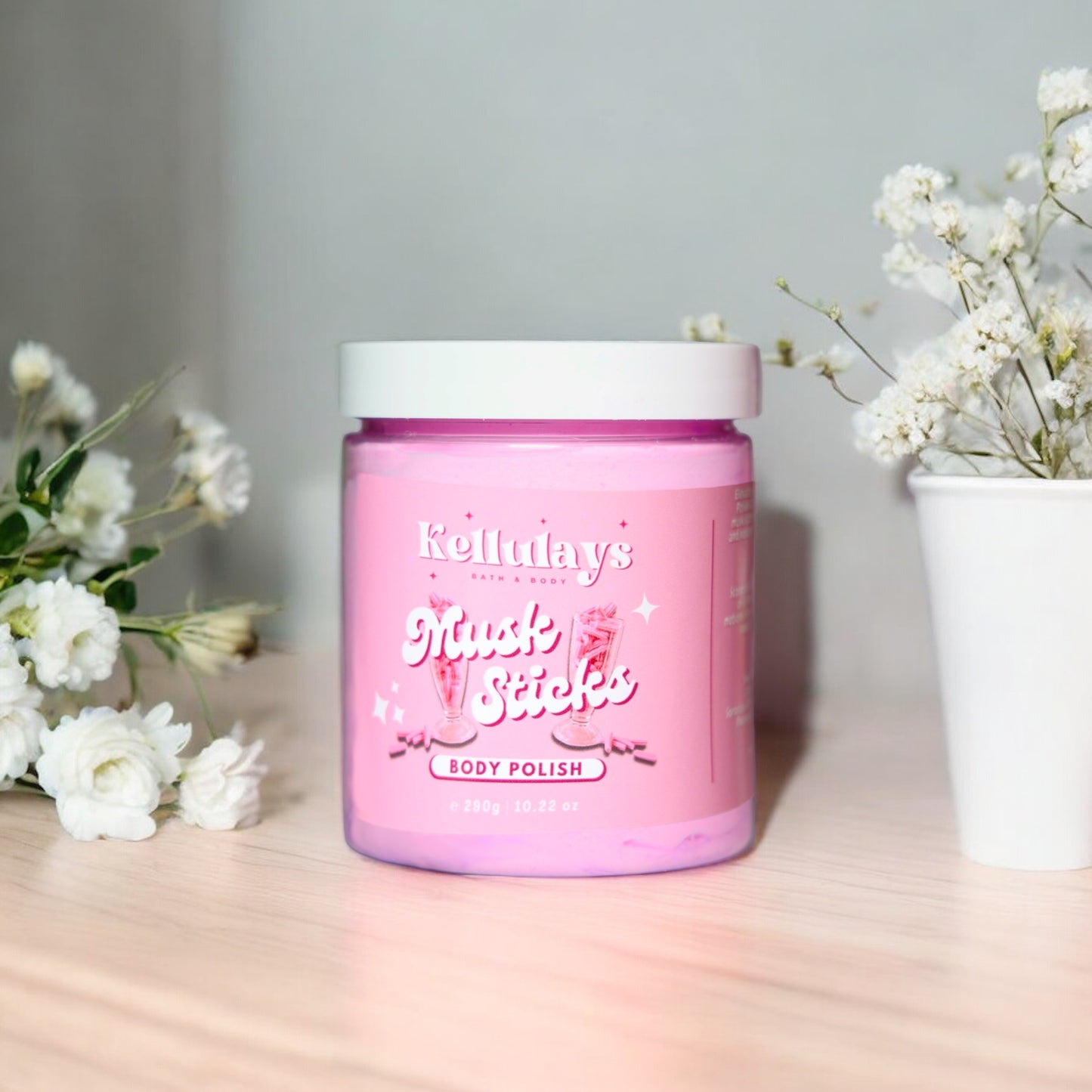Indulge in Kellulays Musk Sticks Body Polish, featuring a nostalgic musk scent and nourishing formula. Exfoliate and hydrate for smooth, glowing skin with every use.