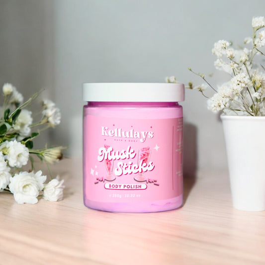 Indulge in Kellulays Musk Sticks Body Polish, featuring a nostalgic musk scent and nourishing formula. Exfoliate and hydrate for smooth, glowing skin with every use.