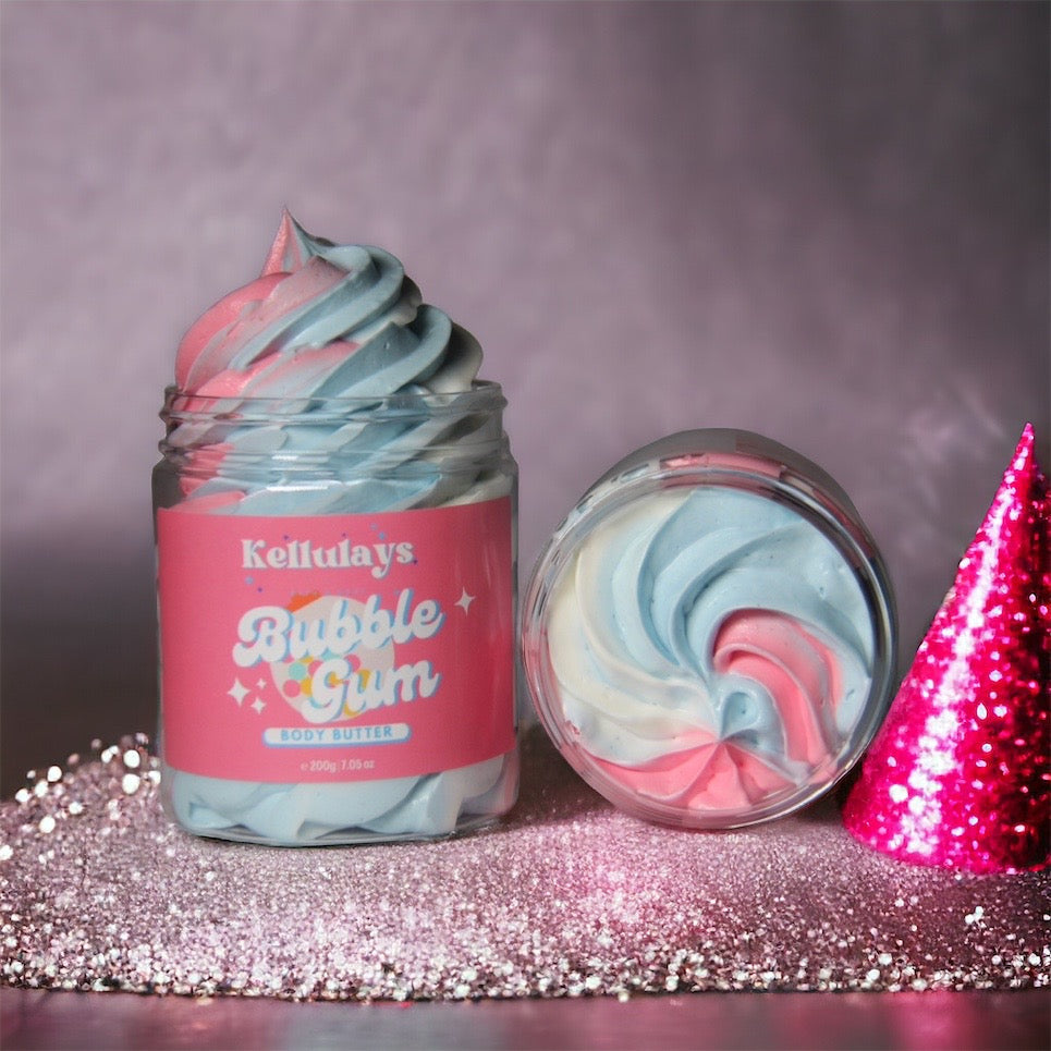Swirls of pink, blue, and white in Kellulays Bubblegum Scented Whipped Body Butter. This handmade body butter combines nourishing shea butter lotion and cocoa butter lotion, making it a perfect skincare gift.