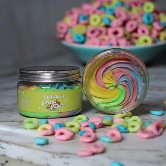 Colourful swirl of Kellulays Cereal Killer Whipped Body Butter, scented with fruit loops fragrance oil. Hand made shea butter lotion.