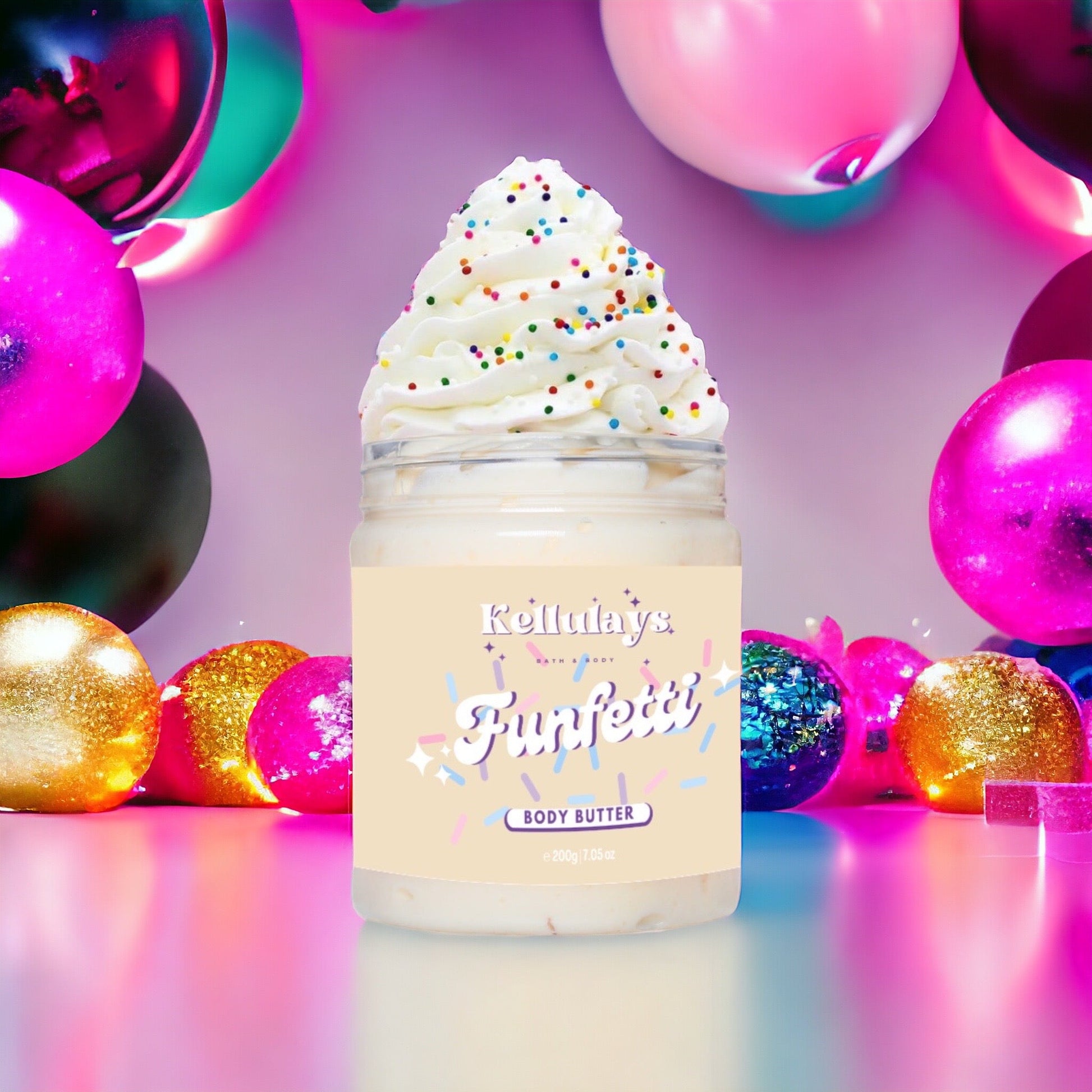 Jar of Kellulays Funfetti Whipped Body Butter, scented in 100s & 1000s fragrance, featuring white whipped body butter topped with colorful sprinkles, resembling a delicious dessert.