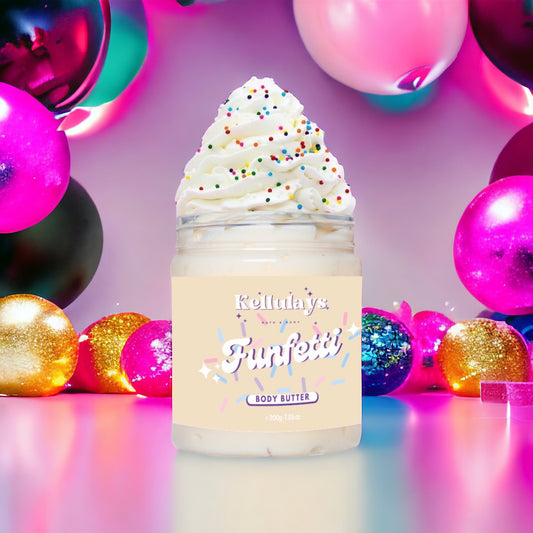 Jar of Kellulays Funfetti Whipped Body Butter, scented in 100s & 1000s fragrance, featuring white whipped body butter topped with colorful sprinkles, resembling a delicious dessert.