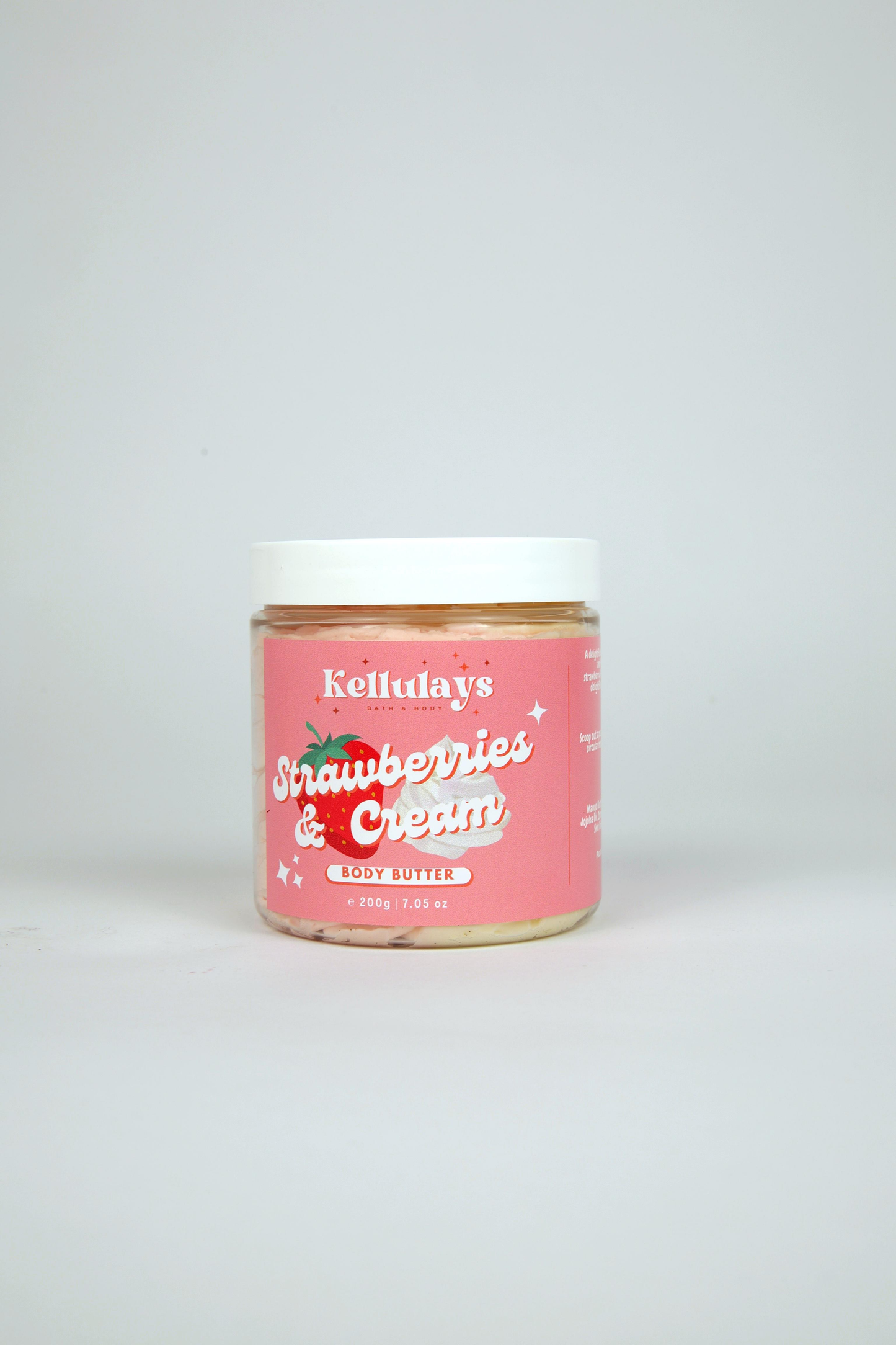 Jar of Kellulay's Strawberries & Cream body butter 200g on a white background