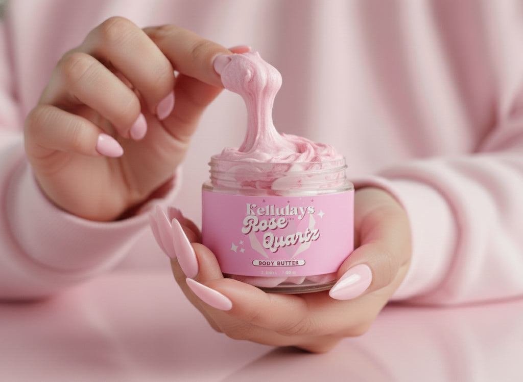A close-up of hands with glossy pink nails scooping the whipped Rose Quartz body butter from a jar, showing its soft, stretchy cloud-like texture. The pastel pink background and cozy pink sweater create a dreamy, feminine, self care aesthetic that highlights the luxurious, creamy consistency of the product.