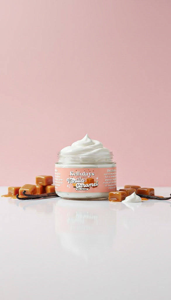A jar of Kellulays Vanilla Caramel whipped body butter sitting on a glossy white surface, surrounded by soft caramel cubes and vanilla beans, with a pastel pink background. The jar is open, showing a smooth white whipped swirl, giving a dessert inspired luxurious skincare aesthetic.