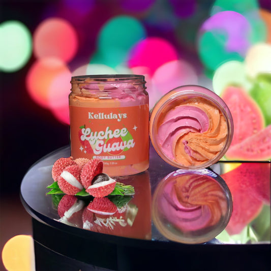 Luxurious Kellulays Lychee and Guava Whipped Body Butter in a jar, featuring a rich and creamy texture. Infused with exotic lychee and guava fragrances, this body butter provides deep hydration and nourishment, leaving skin feeling soft, smooth, and rejuvenated.