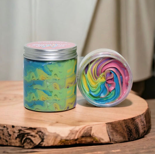 Colourful Kellulays Rainbow Sherbet Whipped Body Butter in a jar, showcasing vibrant swirls of pink, yellow, green, blue, and purple for a visually appealing and luxurious skincare treat.