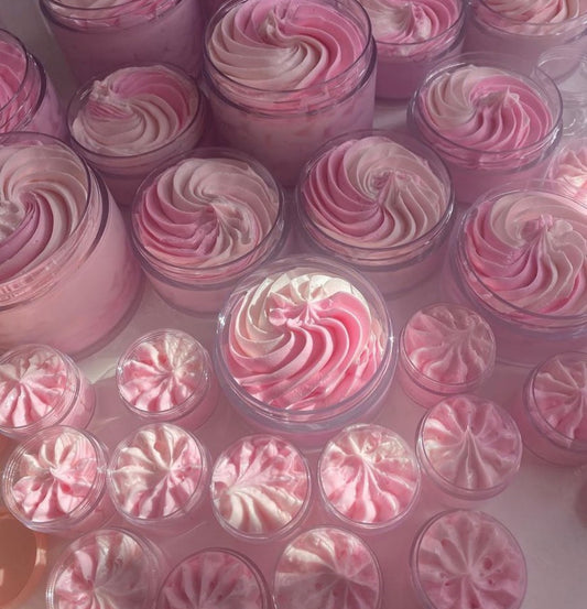 Kellulays Rose Quartz Whipped Body Butter in a jar, featuring beautiful light pink and dark pink swirls. This luxurious body butter is a handmade skincare treat, perfect for nourishing and hydrating your skin.